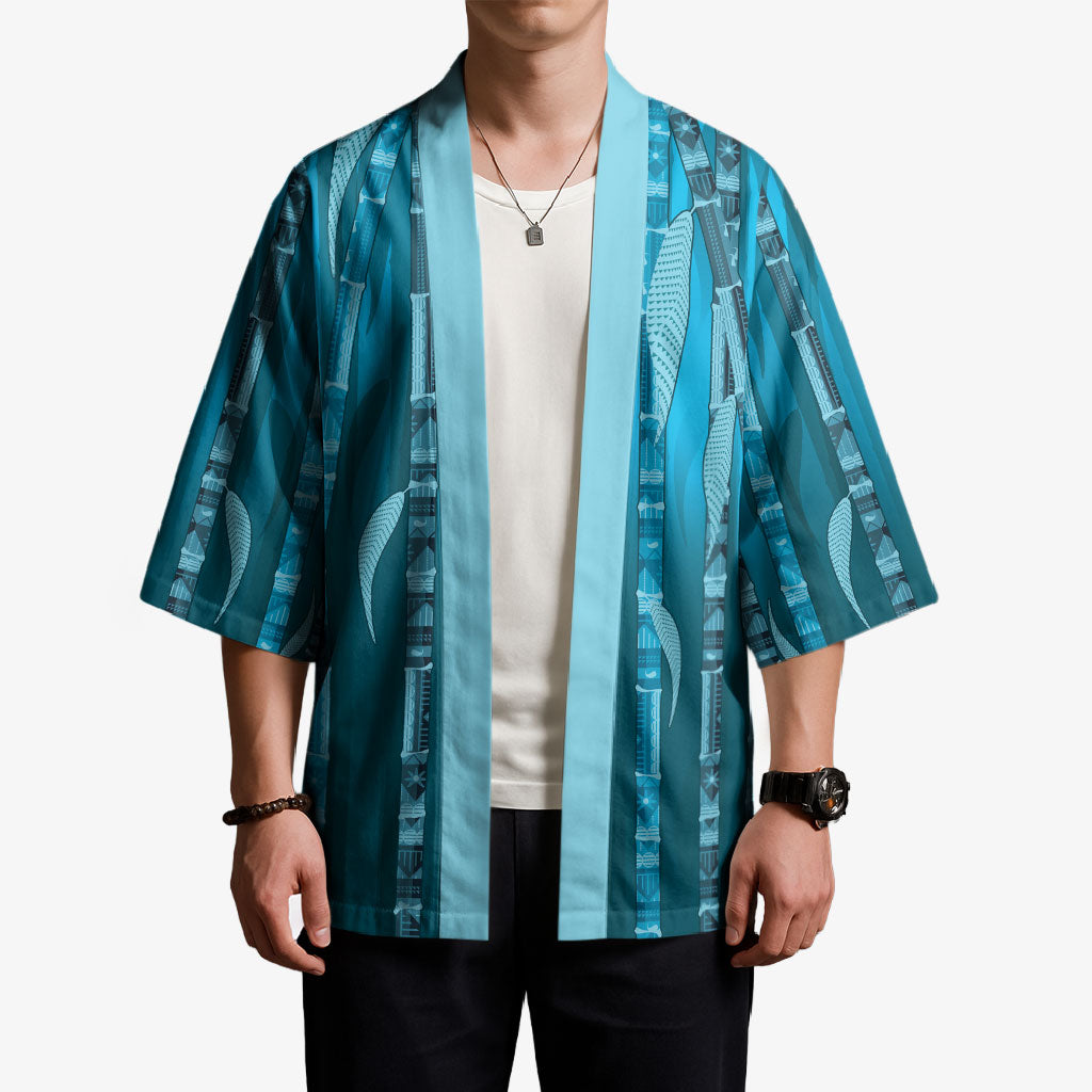 Personalised Fiji Language Week Sugarcane Masi Kimono Blue Tapa Tribal Pattern