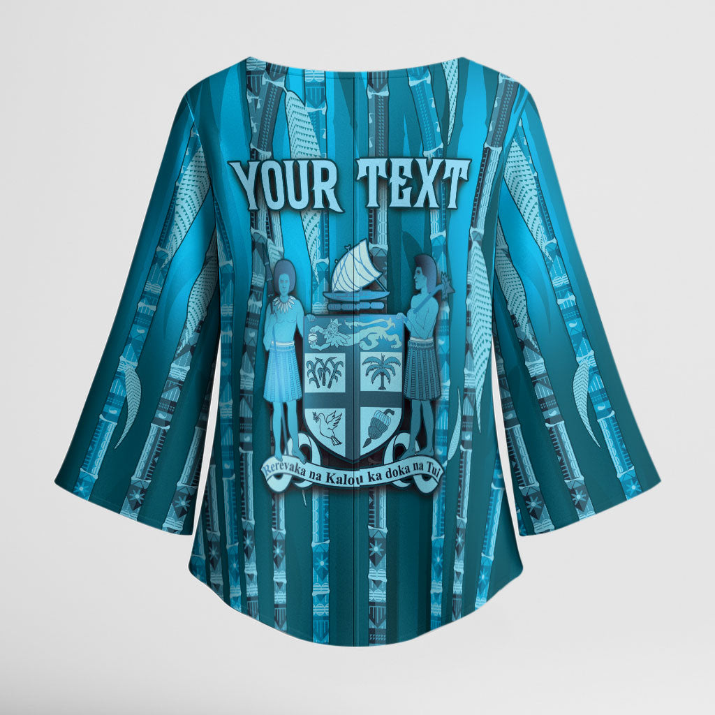 Personalised Fiji Language Week Sugarcane Masi Kimono Sleeve Blouse Blue Tapa Tribal Pattern