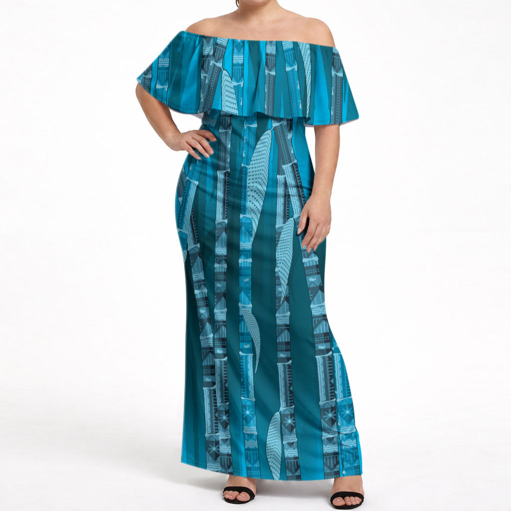 Personalised Fiji Language Week Sugarcane Masi Off Shoulder Maxi Dress Blue Tapa Tribal Pattern