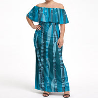 Personalised Fiji Language Week Sugarcane Masi Off Shoulder Maxi Dress Blue Tapa Tribal Pattern