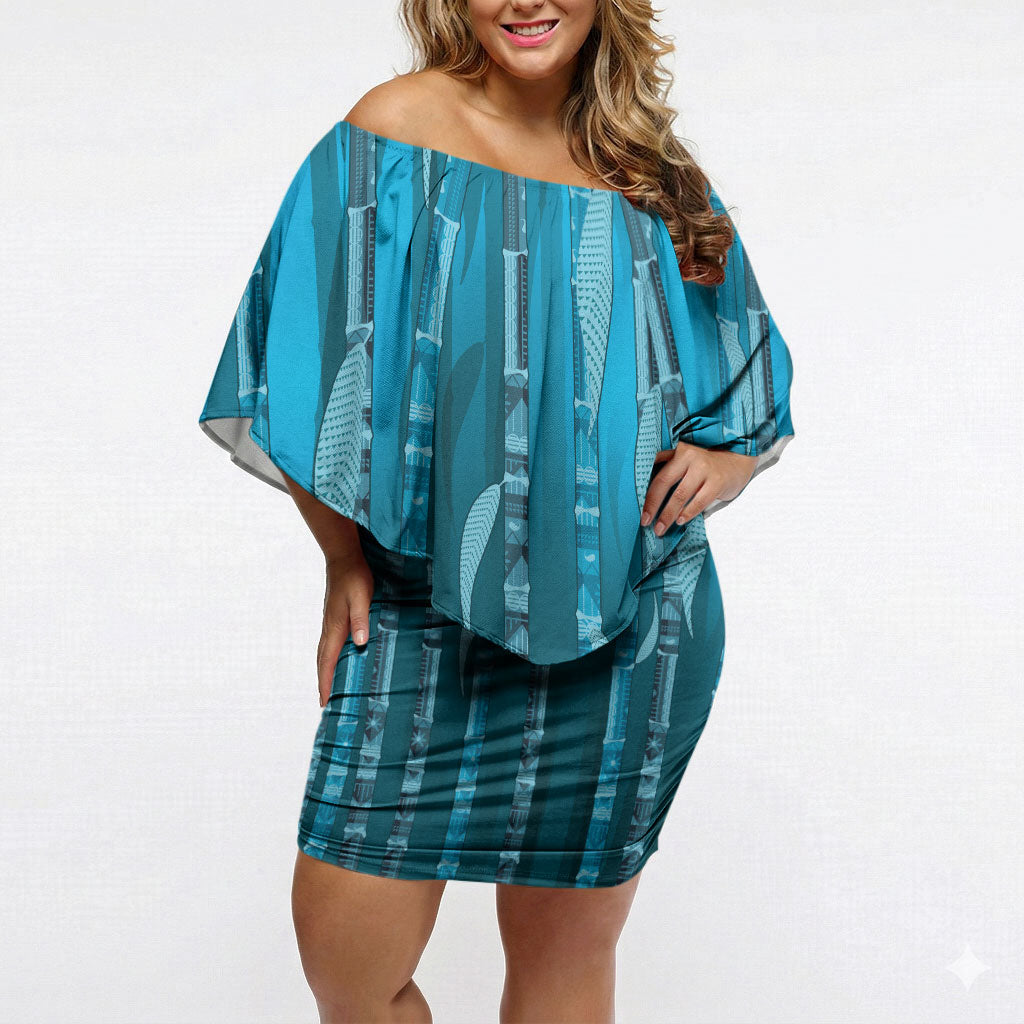 Personalised Fiji Language Week Sugarcane Masi Off Shoulder Short Dress Blue Tapa Tribal Pattern