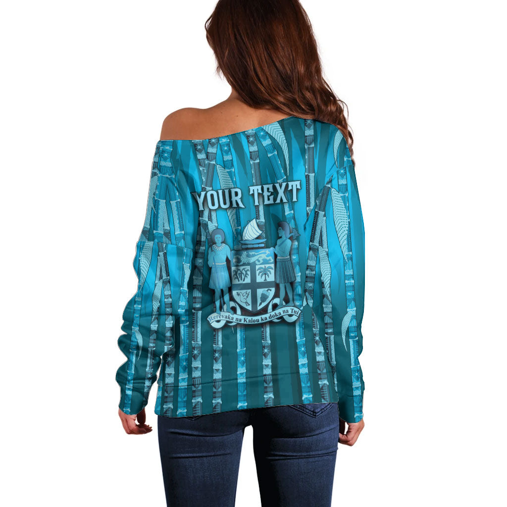 Personalised Fiji Language Week Sugarcane Masi Off Shoulder Sweater Blue Tapa Tribal Pattern