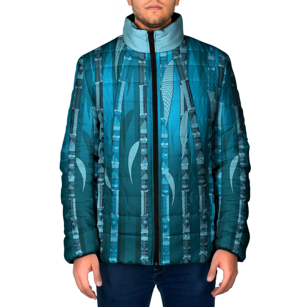 Personalised Fiji Language Week Sugarcane Masi Padded Jacket Blue Tapa Tribal Pattern