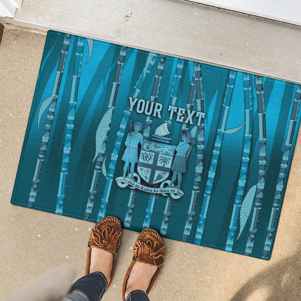 Personalised Fiji Language Week Sugarcane Masi Rubber Doormat Blue Tapa Tribal Pattern