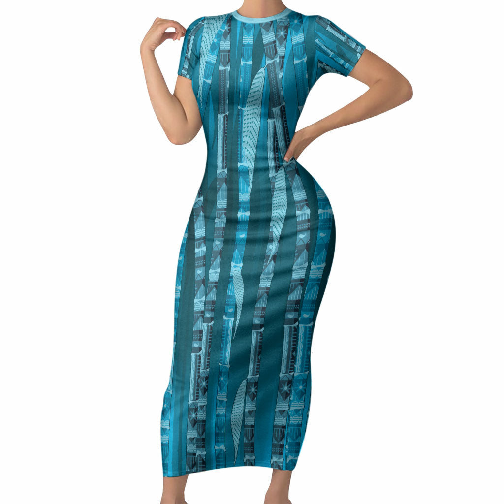 Personalised Fiji Language Week Sugarcane Masi Short Sleeve Bodycon Dress Blue Tapa Tribal Pattern DT05 Long Dress Blue - Polynesian Pride