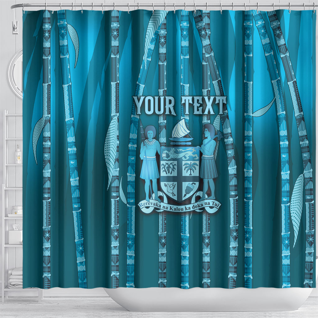 Personalised Fiji Language Week Sugarcane Masi Shower Curtain Blue Tapa Tribal Pattern