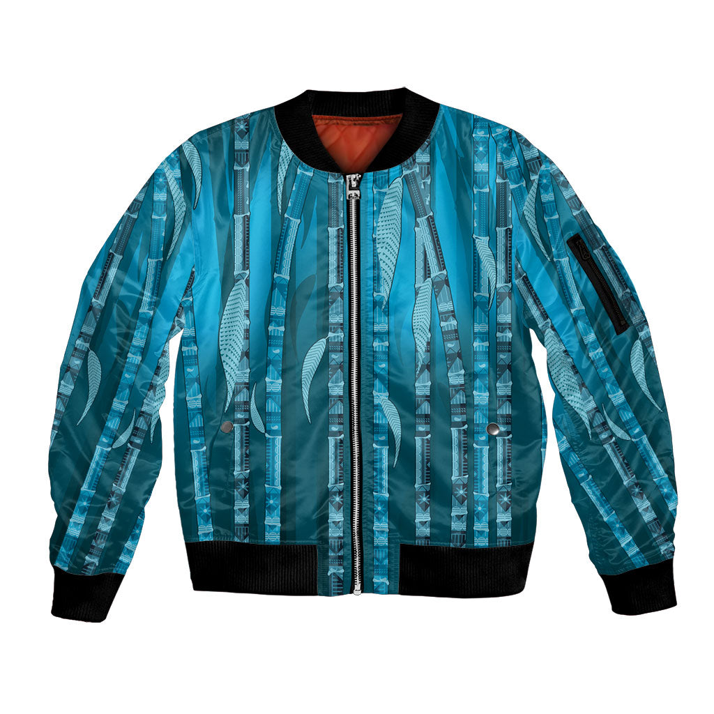 Personalised Fiji Language Week Sugarcane Masi Sleeve Zip Bomber Jacket Blue Tapa Tribal Pattern