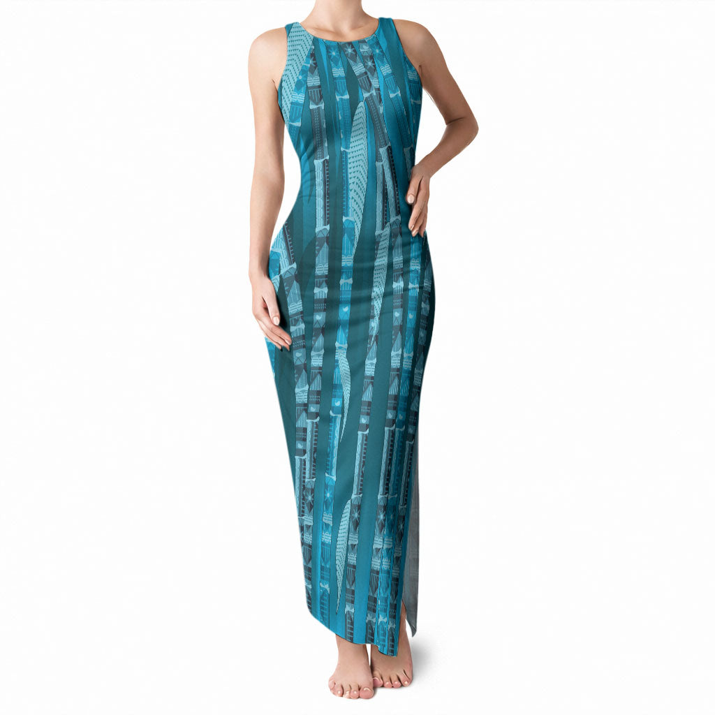 Personalised Fiji Language Week Sugarcane Masi Tank Maxi Dress Blue Tapa Tribal Pattern DT05 Women Blue - Polynesian Pride