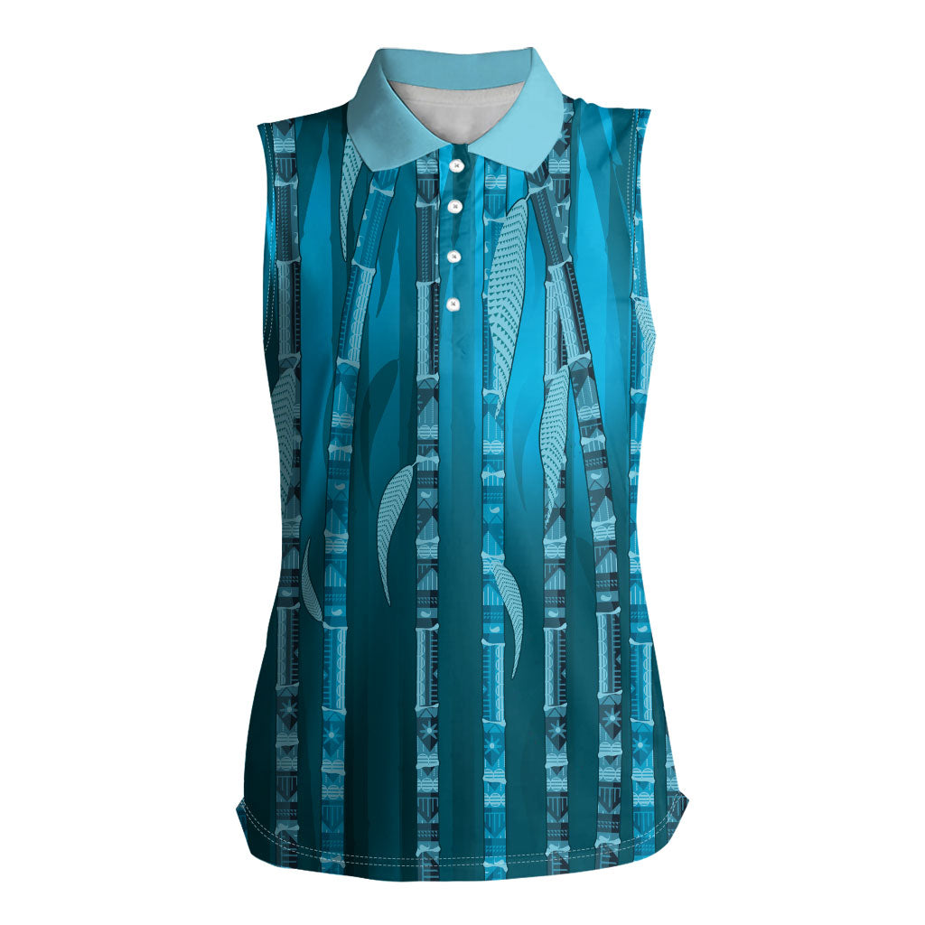 Personalised Fiji Language Week Sugarcane Masi Women Sleeveless Polo Shirt Blue Tapa Tribal Pattern DT05 Female Blue - Polynesian Pride