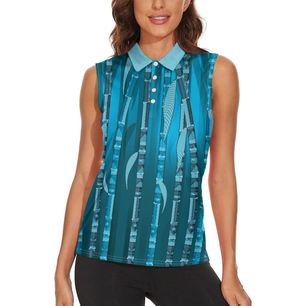 Personalised Fiji Language Week Sugarcane Masi Women Sleeveless Polo Shirt Blue Tapa Tribal Pattern
