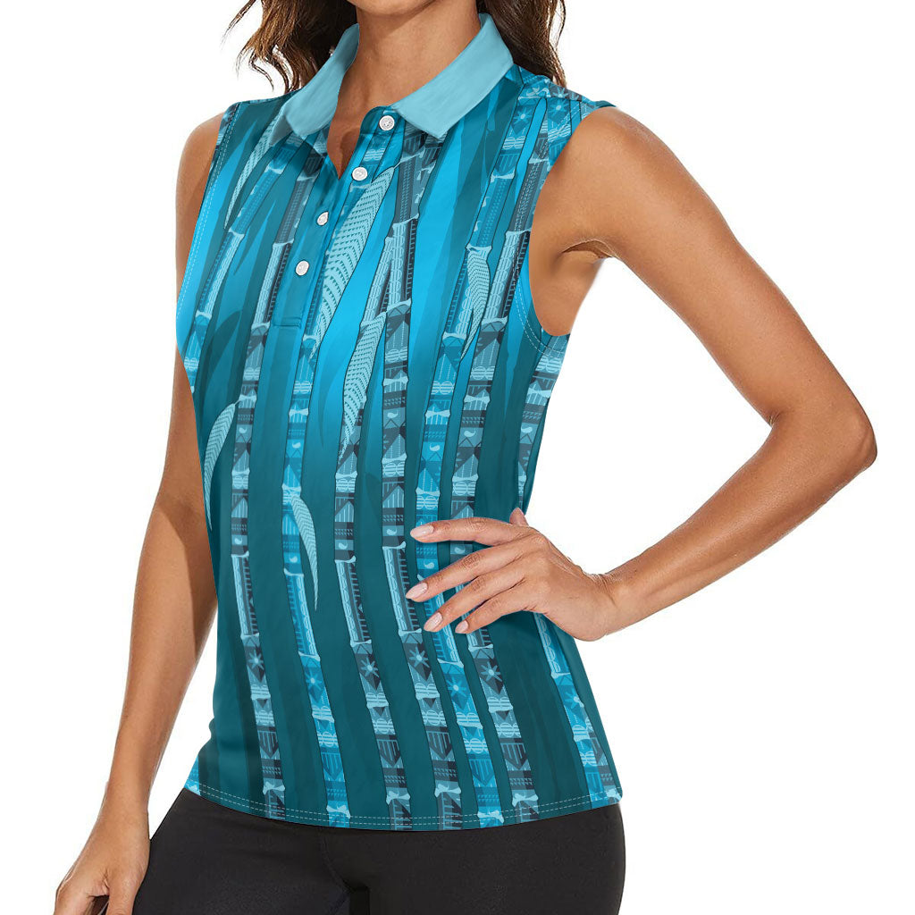 Personalised Fiji Language Week Sugarcane Masi Women Sleeveless Polo Shirt Blue Tapa Tribal Pattern