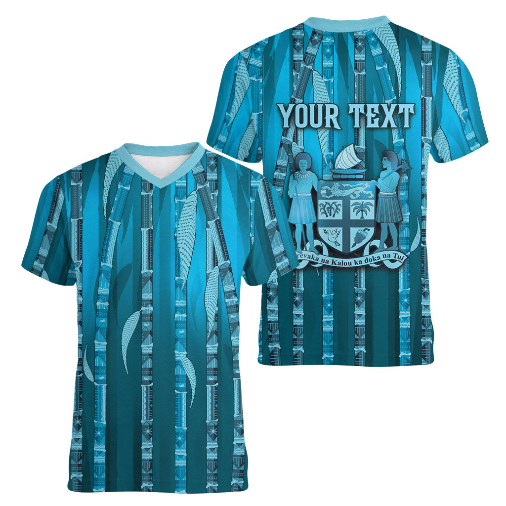 Personalised Fiji Language Week Sugarcane Masi Women V-Neck T-Shirt Blue Tapa Tribal Pattern