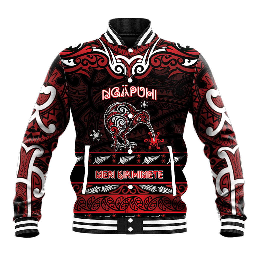 Personalised Ngapuhi Aotearoa Meri Kirihimete Baseball Jacket Maori Kiwi Bird Silver Fern Koru Pattern DT05 Unisex Red - Polynesian Pride