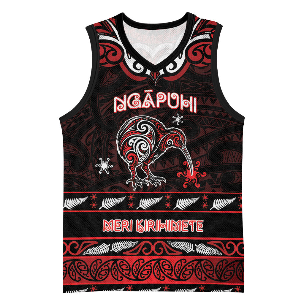 Personalised Ngapuhi Aotearoa Meri Kirihimete Basketball Jersey Maori Kiwi Bird Silver Fern Koru Pattern DT05 Unisex Red - Polynesian Pride