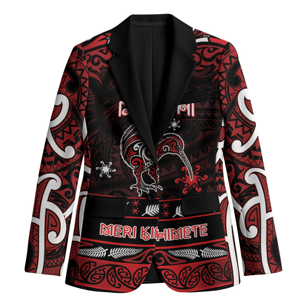 Personalised Ngapuhi Aotearoa Meri Kirihimete Blazer Maori Kiwi Bird Silver Fern Koru Pattern DT05 Unisex Red - Polynesian Pride