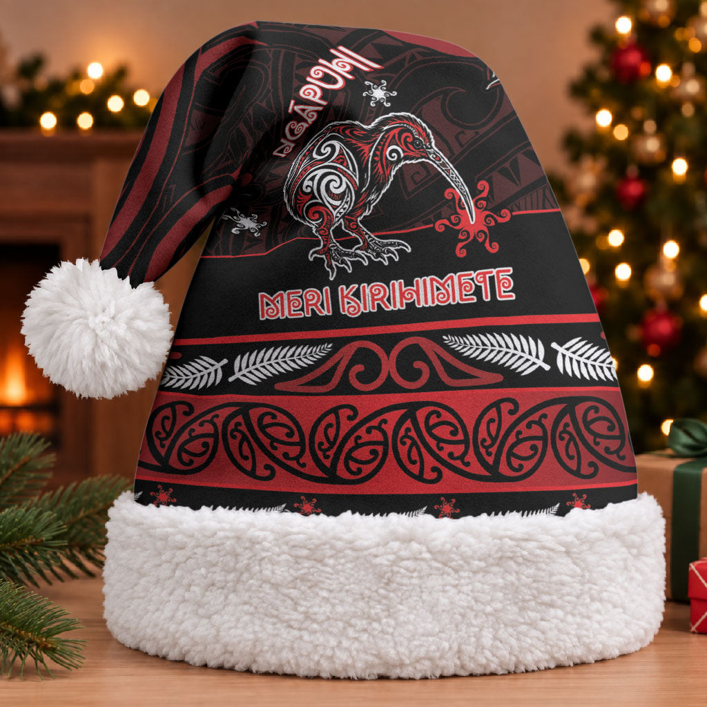 Personalised Ngapuhi Aotearoa Meri Kirihimete Christmas Santa Hat Maori Kiwi Bird Silver Fern Koru Pattern DT05 With Fur Red - Polynesian Pride