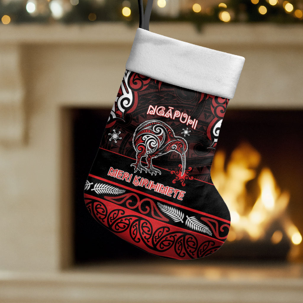 Personalised Ngapuhi Aotearoa Meri Kirihimete Christmas Stocking Maori Kiwi Bird Silver Fern Koru Pattern DT05 Set of 2 Red - Polynesian Pride