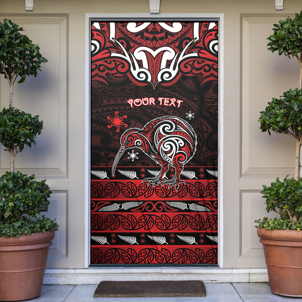 Personalised Ngapuhi Aotearoa Meri Kirihimete Door Cover Maori Kiwi Bird Silver Fern Koru Pattern DT05 Red - Polynesian Pride