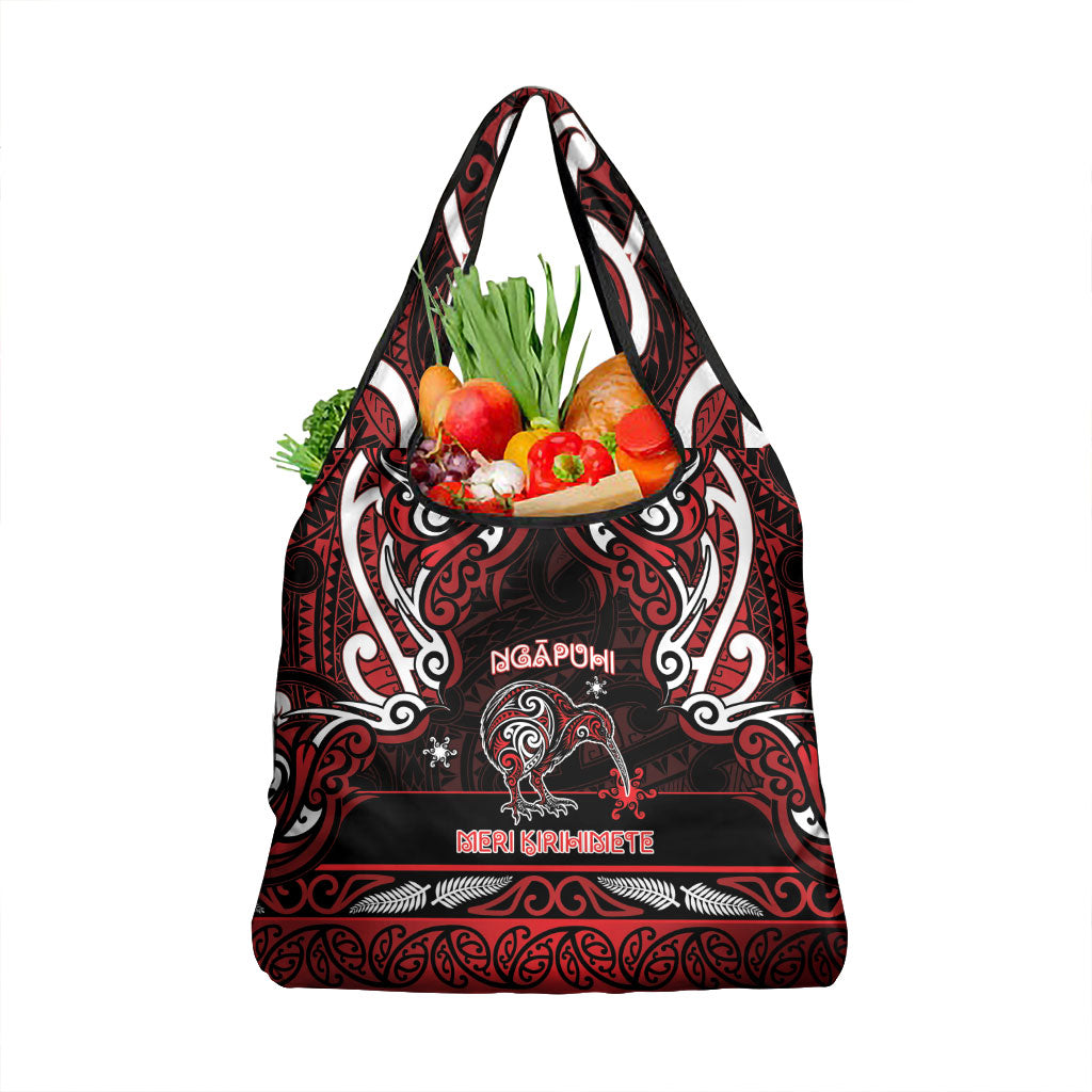 Ngapuhi Aotearoa Meri Kirihimete Grocery Bag Maori Kiwi Bird Silver Fern Koru Pattern DT05 1-pack One Size Red - Polynesian Pride
