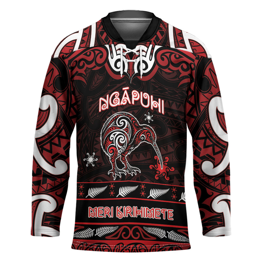 Personalised Ngapuhi Aotearoa Meri Kirihimete Hockey Jersey Maori Kiwi Bird Silver Fern Koru Pattern DT05 Unisex Red - Polynesian Pride