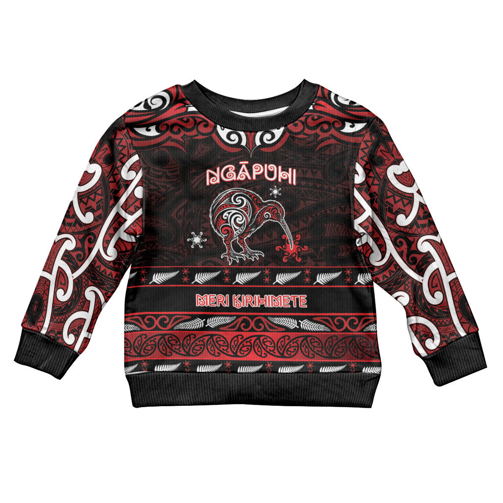 Personalised Ngapuhi Aotearoa Meri Kirihimete Kid Ugly Christmas Sweater Maori Kiwi Bird Silver Fern Koru Pattern DT05 Kid Red - Polynesian Pride