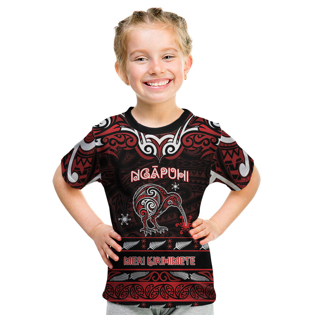 Personalised Ngapuhi Aotearoa Meri Kirihimete Kid T Shirt Maori Kiwi Bird Silver Fern Koru Pattern DT05 Red - Polynesian Pride