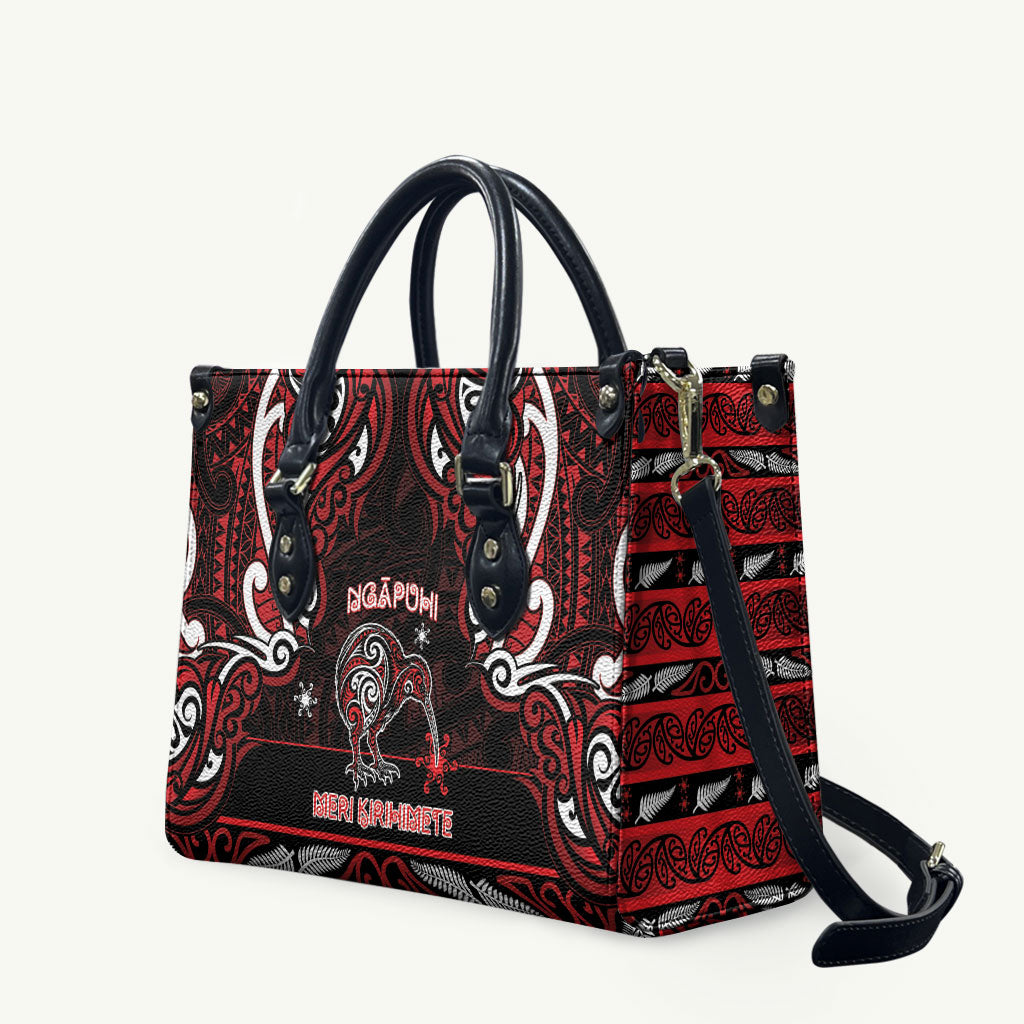 Ngapuhi Aotearoa Meri Kirihimete Leather Bag Maori Kiwi Bird Silver Fern Koru Pattern DT05 Red - Polynesian Pride