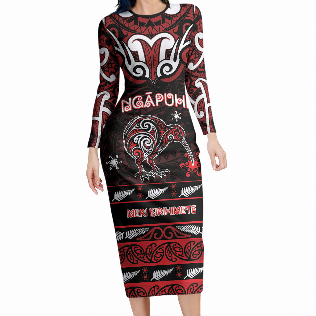 Personalised Ngapuhi Aotearoa Meri Kirihimete Long Sleeve Bodycon Dress Maori Kiwi Bird Silver Fern Koru Pattern DT05 Long Dress Red - Polynesian Pride