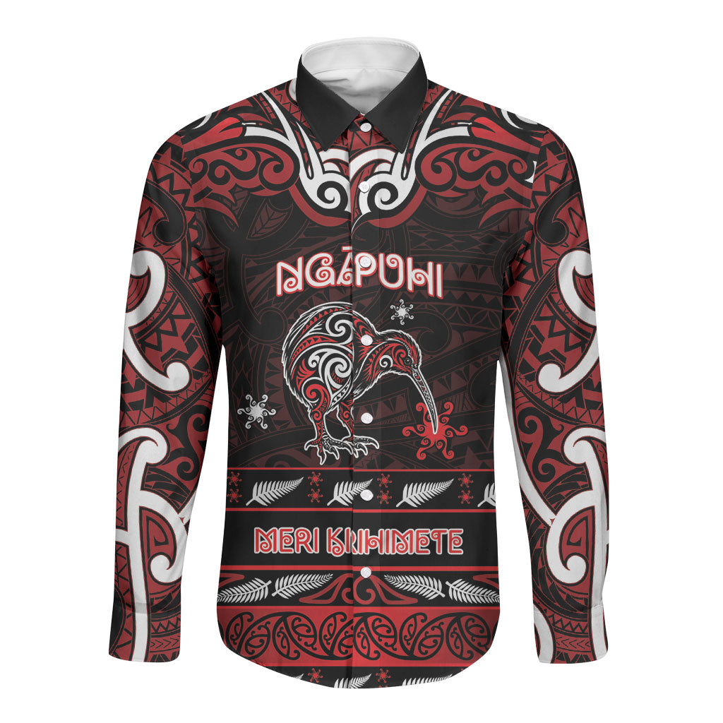Personalised Ngapuhi Aotearoa Meri Kirihimete Long Sleeve Button Shirt Maori Kiwi Bird Silver Fern Koru Pattern DT05 Unisex Red - Polynesian Pride