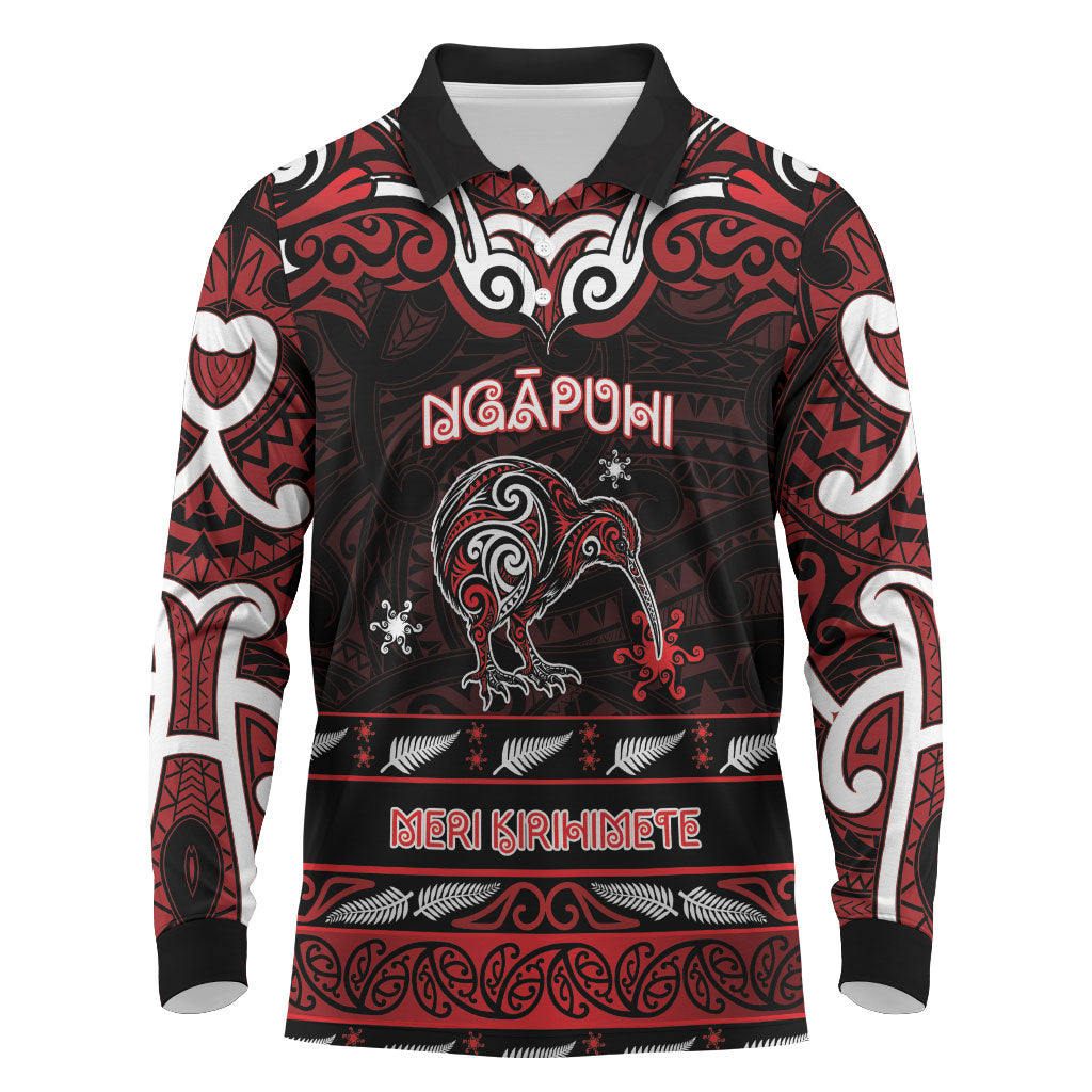 Personalised Ngapuhi Aotearoa Meri Kirihimete Long Sleeve Polo Shirt Maori Kiwi Bird Silver Fern Koru Pattern DT05 Red - Polynesian Pride