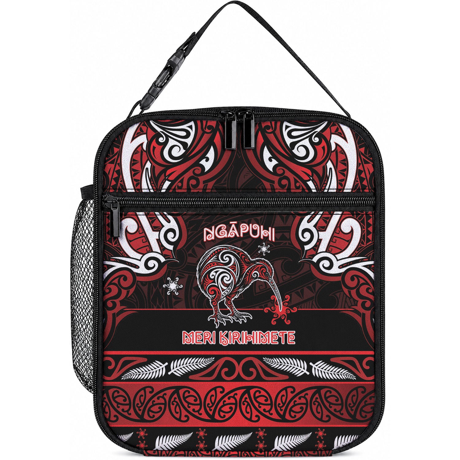 Ngapuhi Aotearoa Meri Kirihimete Lunch Bag Maori Kiwi Bird Silver Fern Koru Pattern DT05 10.2 × 8.3 × 4.3 inch Red - Polynesian Pride