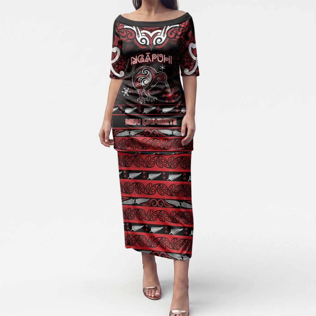 Personalised Ngapuhi Aotearoa Meri Kirihimete Puletasi Maori Kiwi Bird Silver Fern Koru Pattern DT05 Long Dress Red - Polynesian Pride