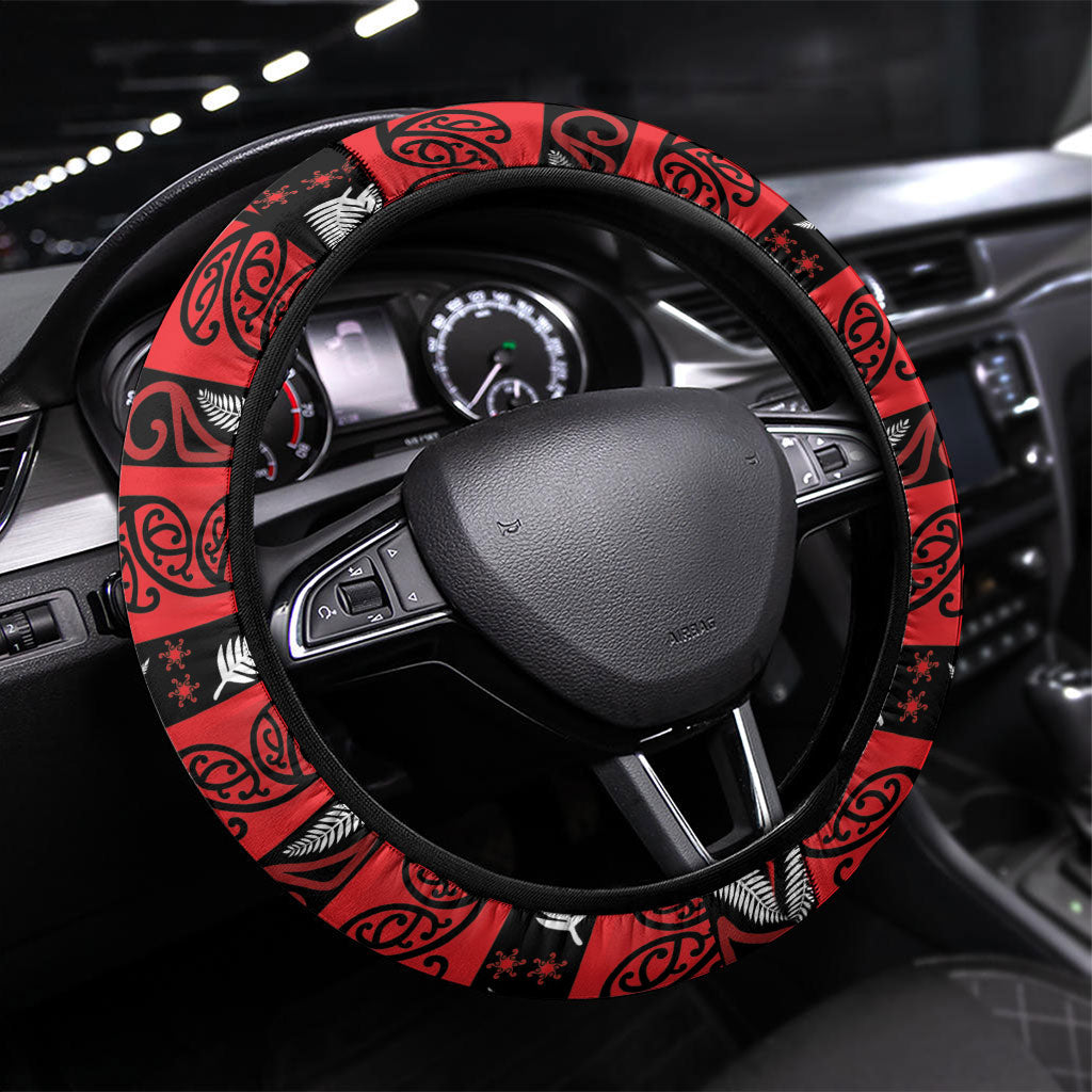 Ngapuhi Aotearoa Meri Kirihimete Steering Wheel Cover Maori Kiwi Bird Silver Fern Koru Pattern DT05 Universal Fit Red - Polynesian Pride