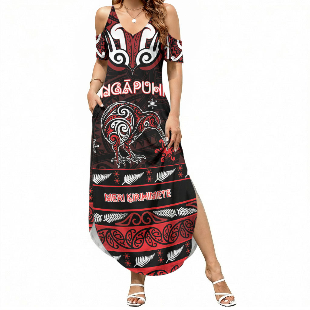 Personalised Ngapuhi Aotearoa Meri Kirihimete Summer Maxi Dress Maori Kiwi Bird Silver Fern Koru Pattern DT05 Women Red - Polynesian Pride