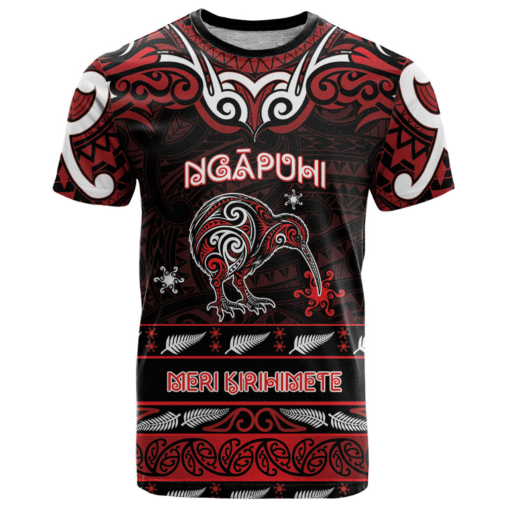Personalised Ngapuhi Aotearoa Meri Kirihimete T Shirt Maori Kiwi Bird Silver Fern Koru Pattern DT05 Red - Polynesian Pride