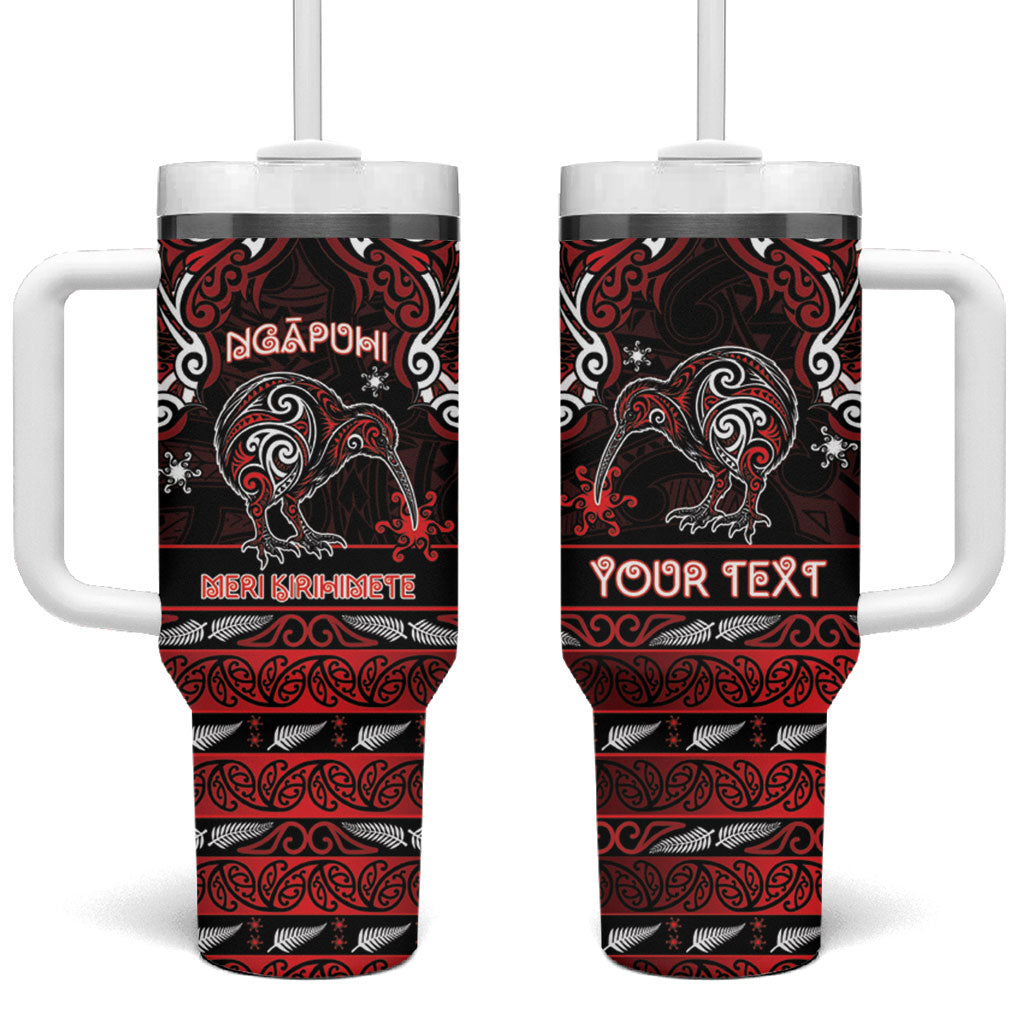 Personalised Ngapuhi Aotearoa Meri Kirihimete Tumbler With Handle Maori Kiwi Bird Silver Fern Koru Pattern DT05 One Size: 40 oz Red - Polynesian Pride