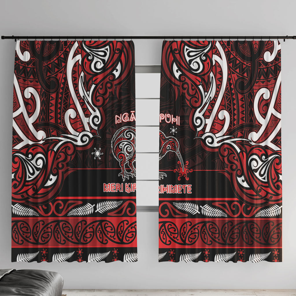 Ngapuhi Aotearoa Meri Kirihimete Window Curtain Maori Kiwi Bird Silver Fern Koru Pattern DT05 With Hooks Red - Polynesian Pride