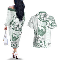 Aloha Hawaii Shaka Couples Matching Off The Shoulder Long Sleeve Dress and Hawaiian Shirt Hang Loose Mint Version - Polynesian Pride