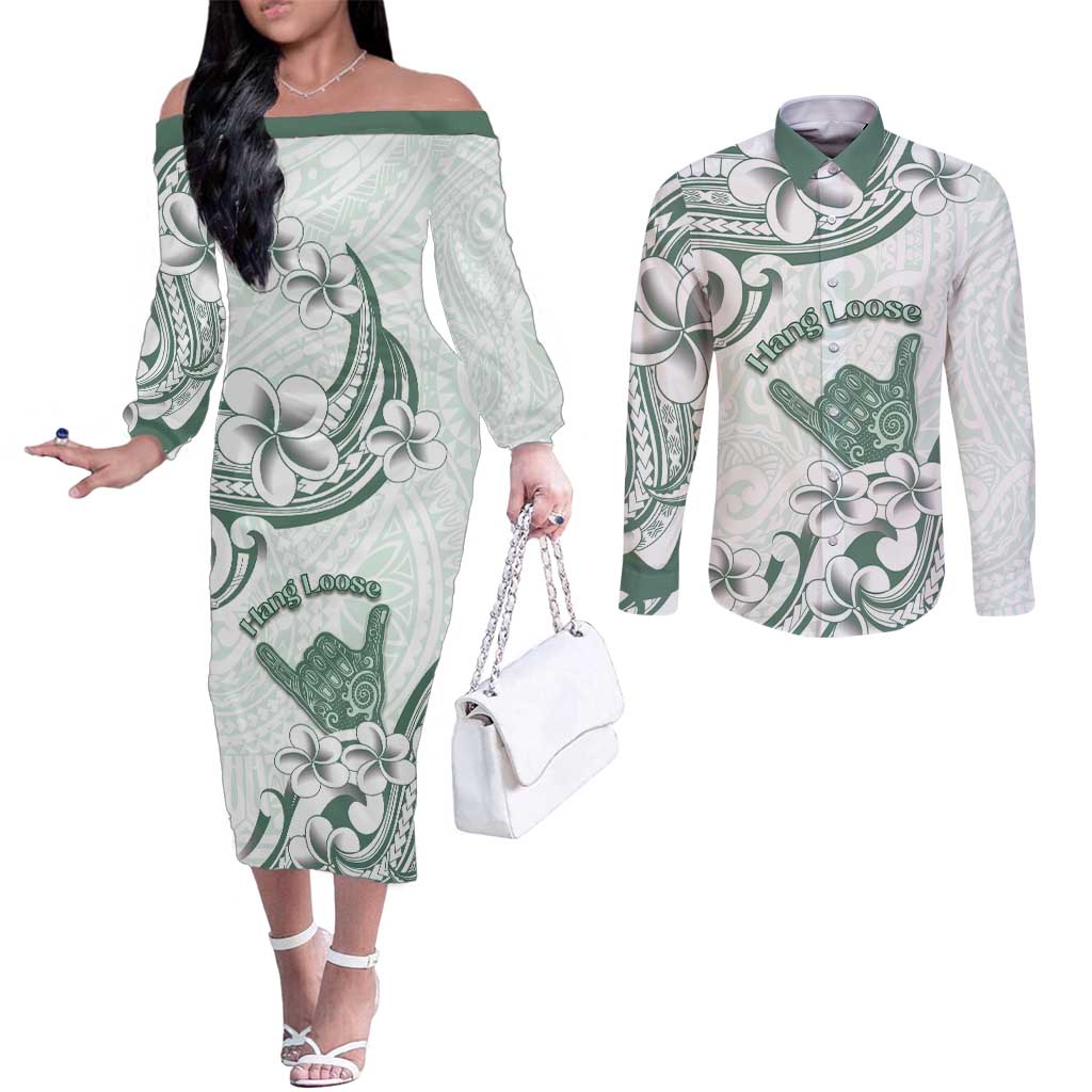 Aloha Hawaii Shaka Couples Matching Off The Shoulder Long Sleeve Dress and Long Sleeve Button Shirt Hang Loose Mint Version - Polynesian Pride