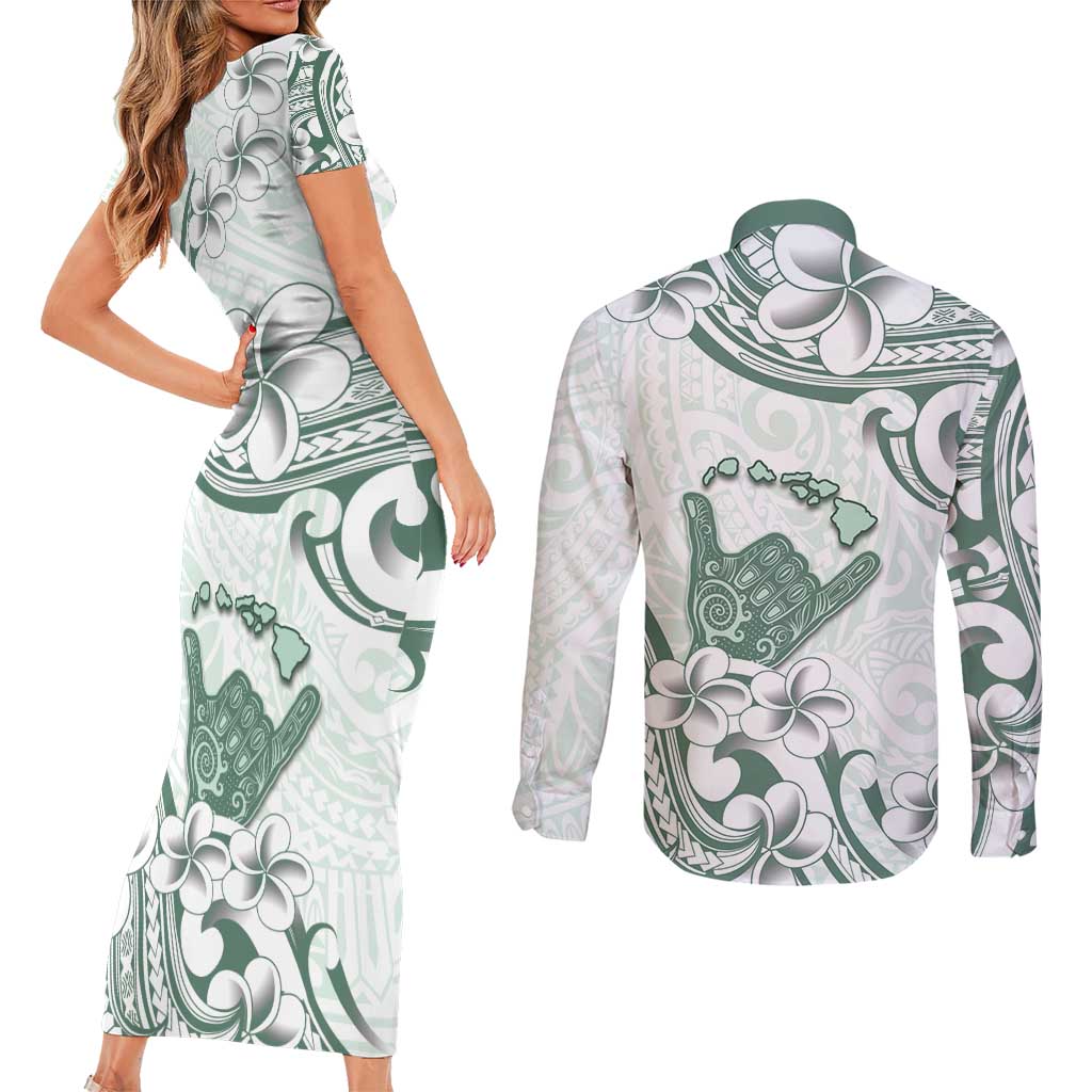 Aloha Hawaii Shaka Couples Matching Short Sleeve Bodycon Dress and Long Sleeve Button Shirt Hang Loose Mint Version - Polynesian Pride