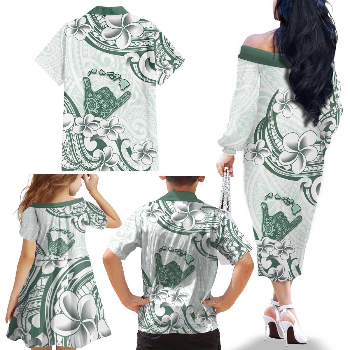Aloha Hawaii Shaka Family Matching Off The Shoulder Long Sleeve Dress and Hawaiian Shirt Hang Loose Mint Version - Polynesian Pride