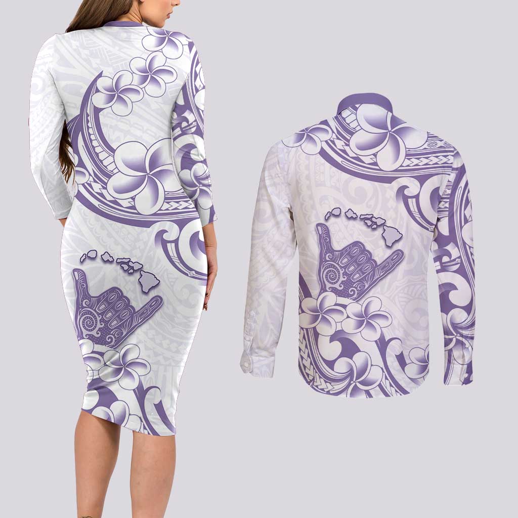 Aloha Hawaii Shaka Couples Matching Long Sleeve Bodycon Dress and Long Sleeve Button Shirt Hang Loose Purple Version - Polynesian Pride