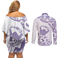 Aloha Hawaii Shaka Couples Matching Off Shoulder Short Dress and Long Sleeve Button Shirt Hang Loose Purple Version - Polynesian Pride