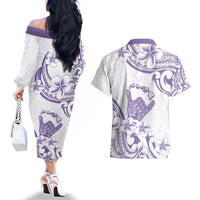 Aloha Hawaii Shaka Couples Matching Off The Shoulder Long Sleeve Dress and Hawaiian Shirt Hang Loose Purple Version - Polynesian Pride