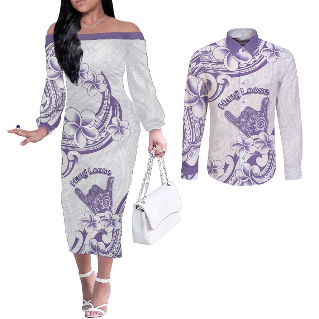 Aloha Hawaii Shaka Couples Matching Off The Shoulder Long Sleeve Dress and Long Sleeve Button Shirt Hang Loose Purple Version - Polynesian Pride