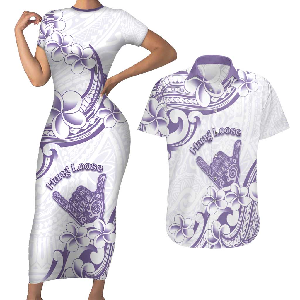 Aloha Hawaii Shaka Couples Matching Short Sleeve Bodycon Dress and Hawaiian Shirt Hang Loose Purple Version - Polynesian Pride