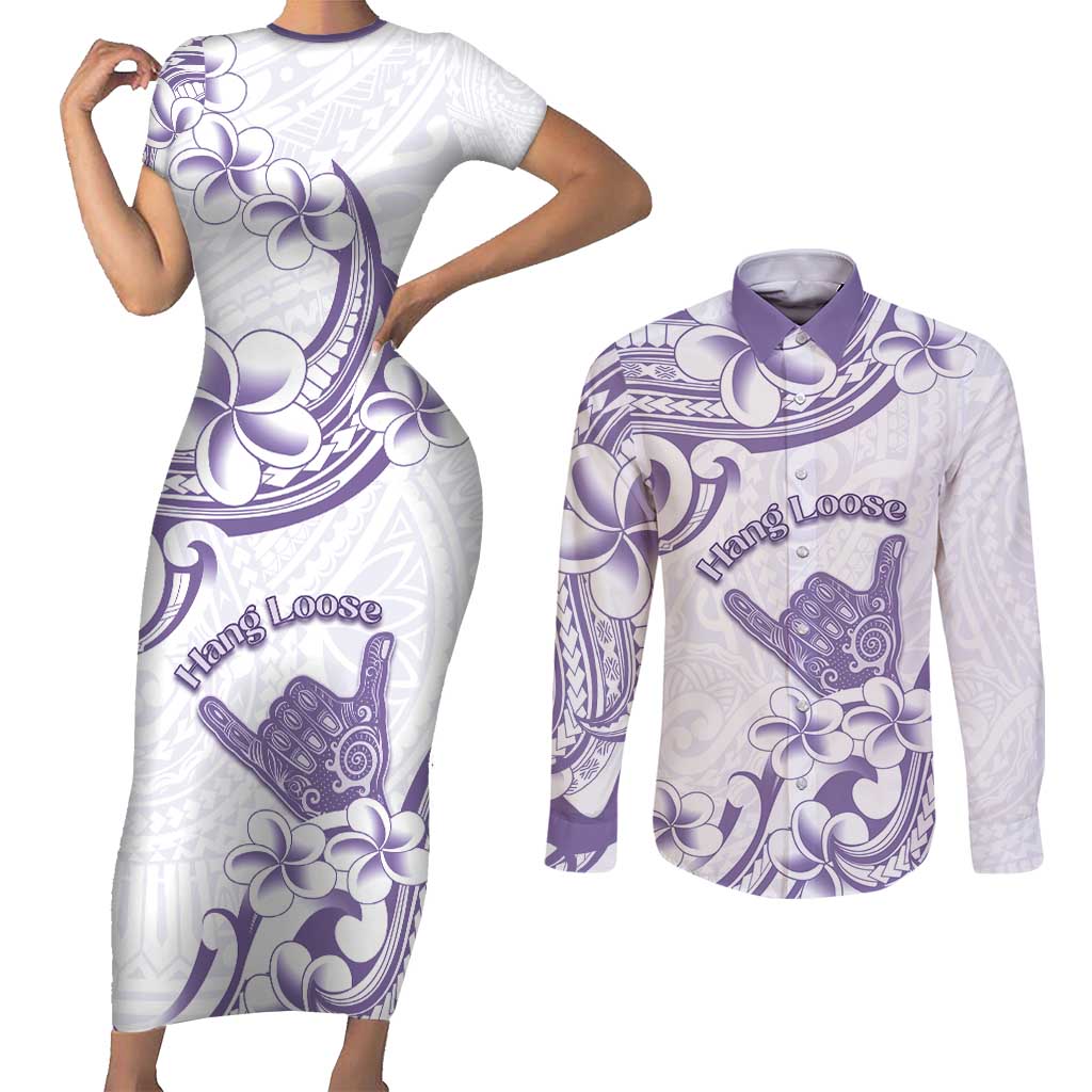 Aloha Hawaii Shaka Couples Matching Short Sleeve Bodycon Dress and Long Sleeve Button Shirt Hang Loose Purple Version - Polynesian Pride