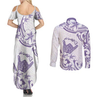 Aloha Hawaii Shaka Couples Matching Summer Maxi Dress and Long Sleeve Button Shirt Hang Loose Purple Version - Polynesian Pride