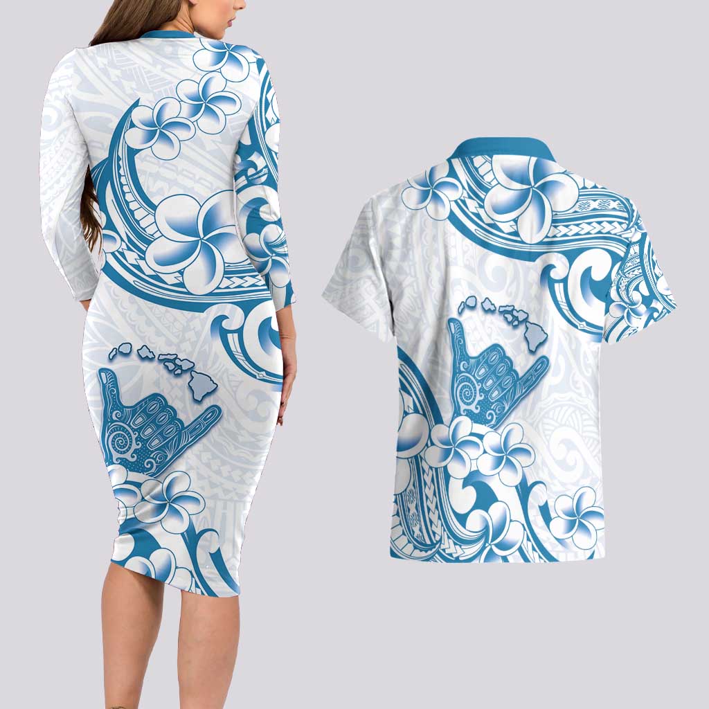 Aloha Hawaii Shaka Couples Matching Long Sleeve Bodycon Dress and Hawaiian Shirt Hang Loose Blue Version - Polynesian Pride