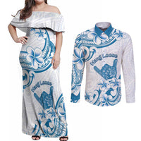 Aloha Hawaii Shaka Couples Matching Off Shoulder Maxi Dress and Long Sleeve Button Shirt Hang Loose Blue Version - Polynesian Pride